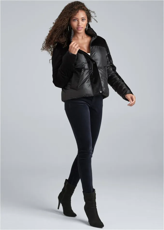 VELVET DETAIL PUFFER JACKET Black Women VENUS Coats