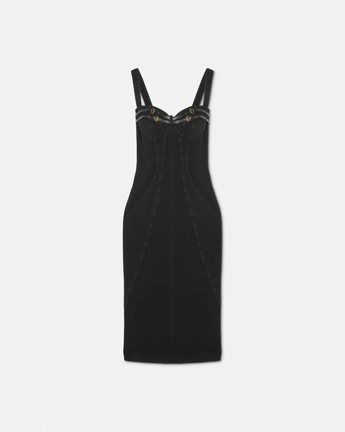 Versace Baroque Buckle Bustier Denim Dress Black Women Jeans Couture