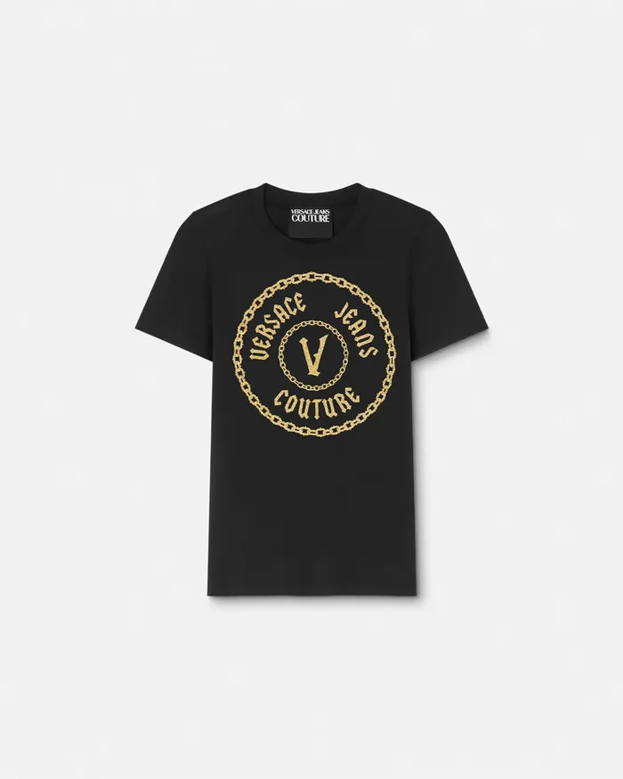 Versace Chain VEmblem TShirt Blackgold Women Jeans Couture