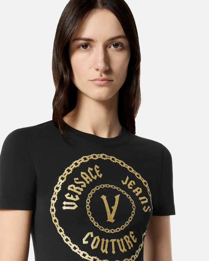 Versace Chain VEmblem TShirt Blackgold Women Jeans Couture