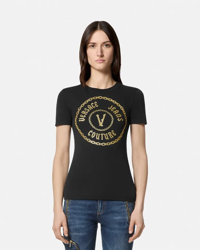Versace Chain VEmblem TShirt Blackgold Women Jeans Couture