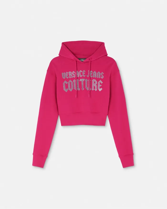 Versace Crystal Gothic Logo Crop Hoodie Fuchsia Women Jeans Couture
