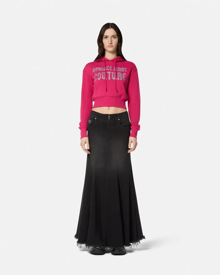 Versace Crystal Gothic Logo Crop Hoodie Fuchsia Women Jeans Couture