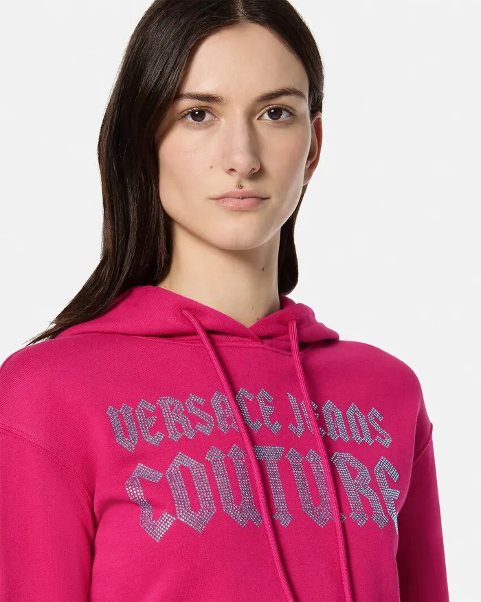 Versace Crystal Gothic Logo Crop Hoodie Fuchsia Women Jeans Couture