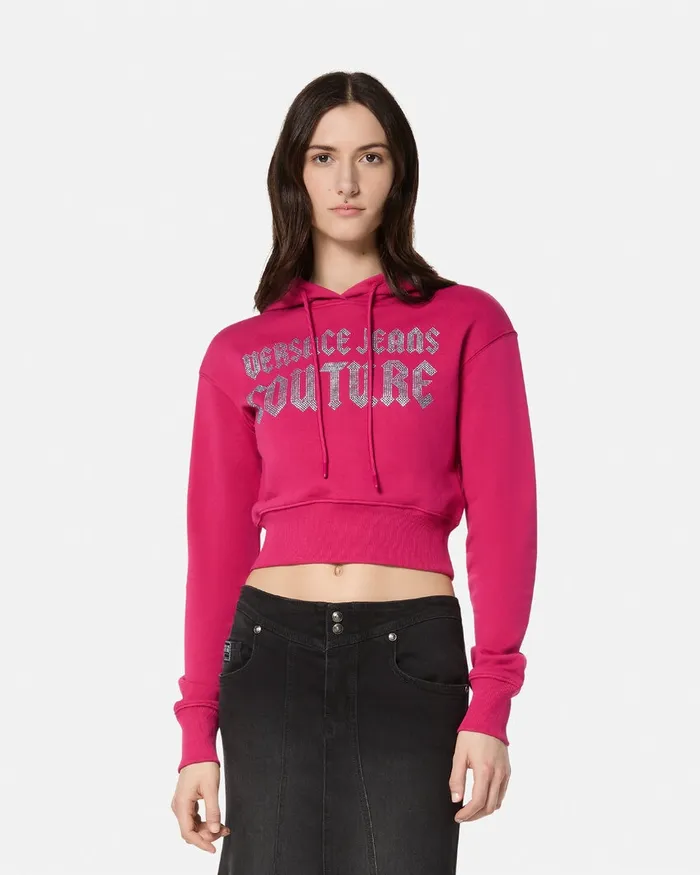 Versace Crystal Gothic Logo Crop Hoodie Fuchsia Women Jeans Couture