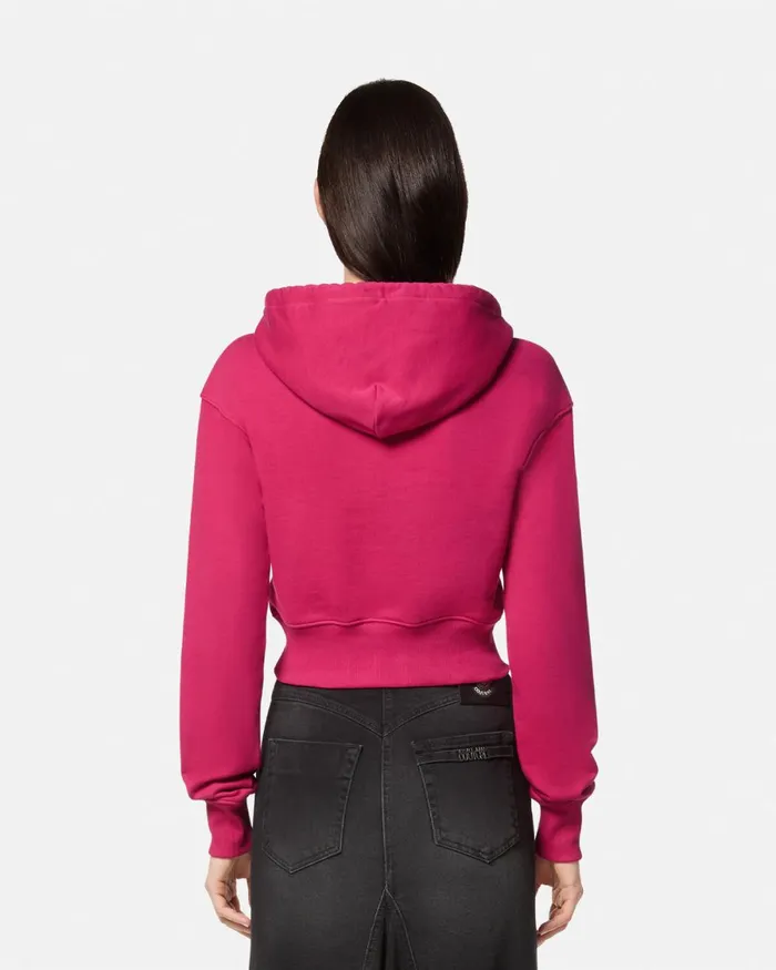 Versace Crystal Gothic Logo Crop Hoodie Fuchsia Women Jeans Couture
