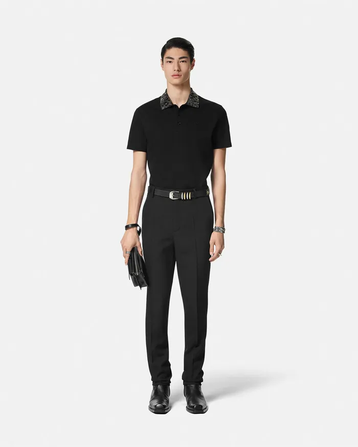 Versace Crystal Leopard Polo Shirt Black Men TShirts and Polos
