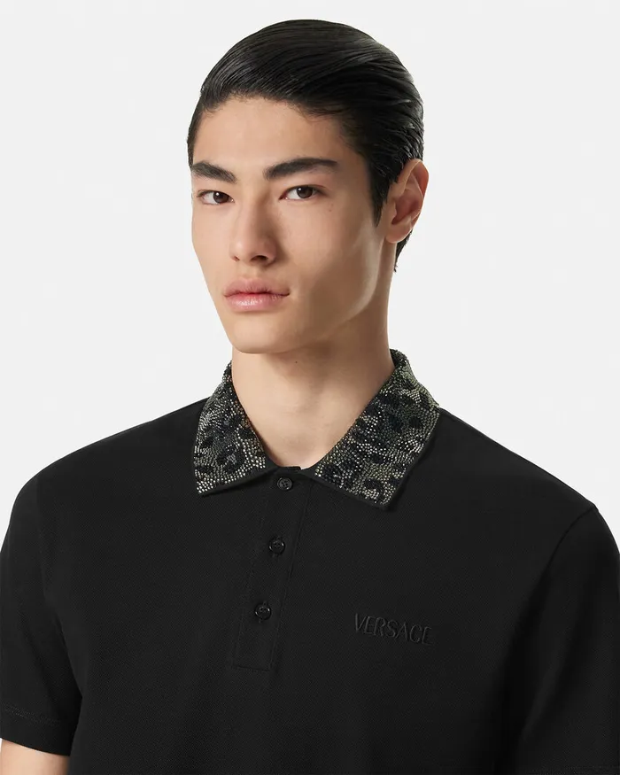 Versace Crystal Leopard Polo Shirt Black Men TShirts and Polos