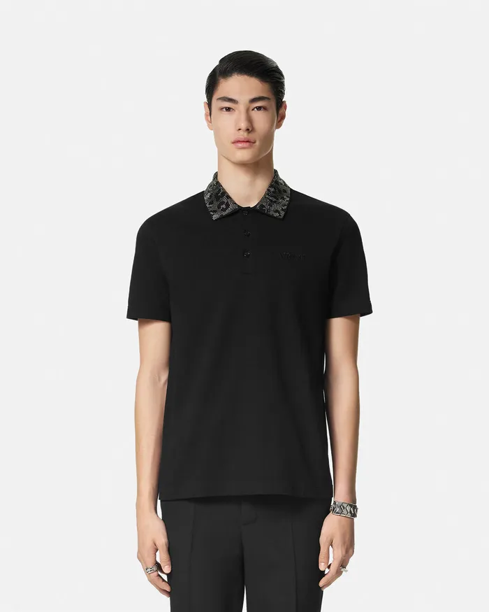 Versace Crystal Leopard Polo Shirt Black Men TShirts and Polos