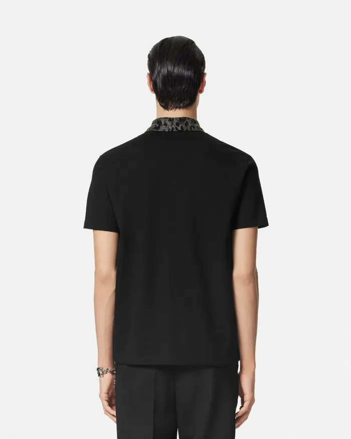Versace Crystal Leopard Polo Shirt Black Men TShirts and Polos