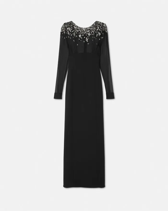 Versace Embellished BoatNeck Silk Cady Gown Black Women Dresses