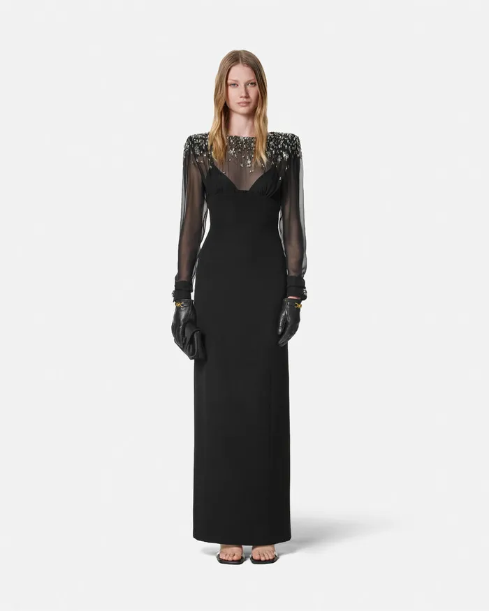 Versace Embellished BoatNeck Silk Cady Gown Black Women Dresses