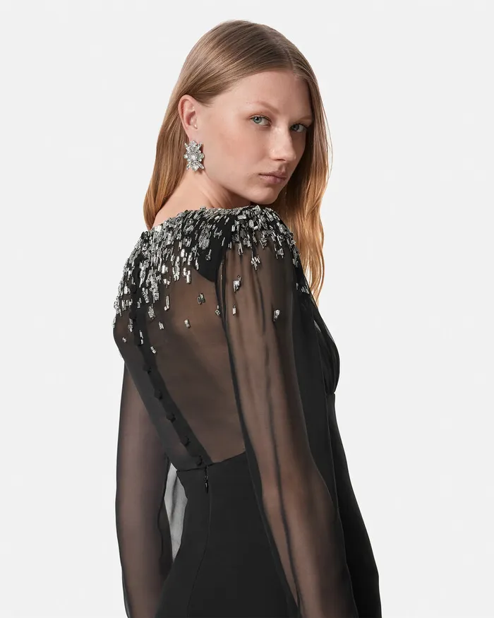Versace Embellished BoatNeck Silk Cady Gown Black Women Dresses