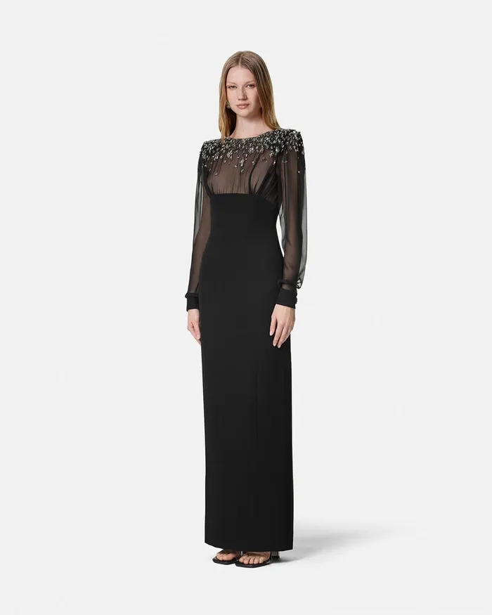 Versace Embellished BoatNeck Silk Cady Gown Black Women Dresses