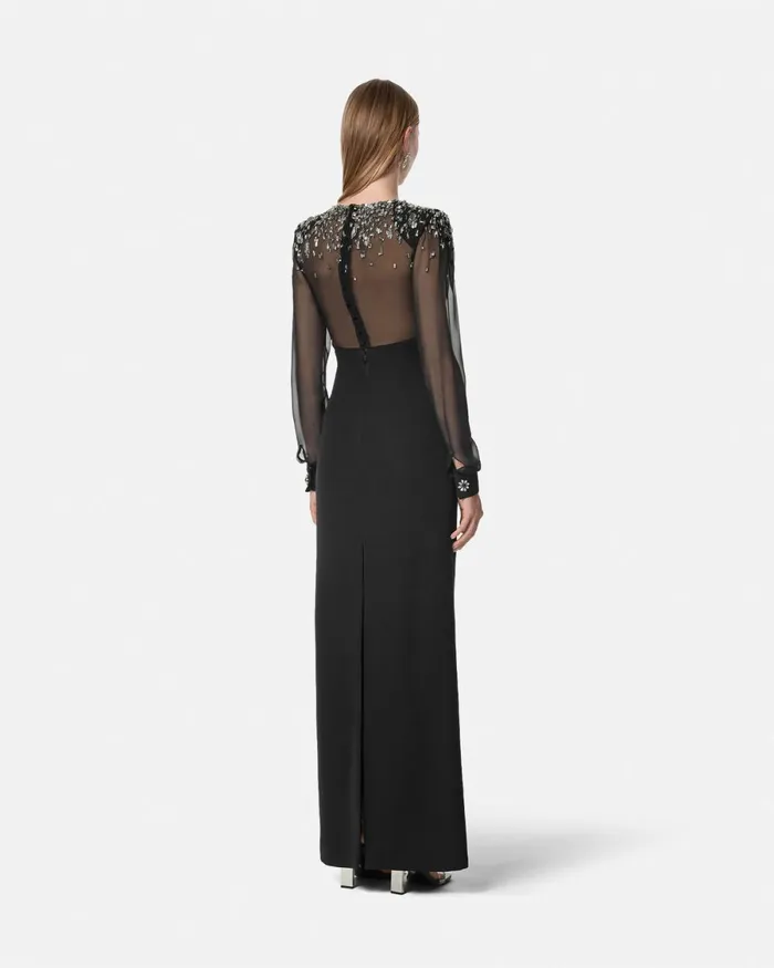 Versace Embellished BoatNeck Silk Cady Gown Black Women Dresses