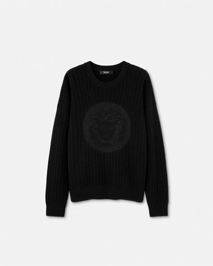 Versace Embroidered Medusa CableKnit Sweater Black Men Knitwear