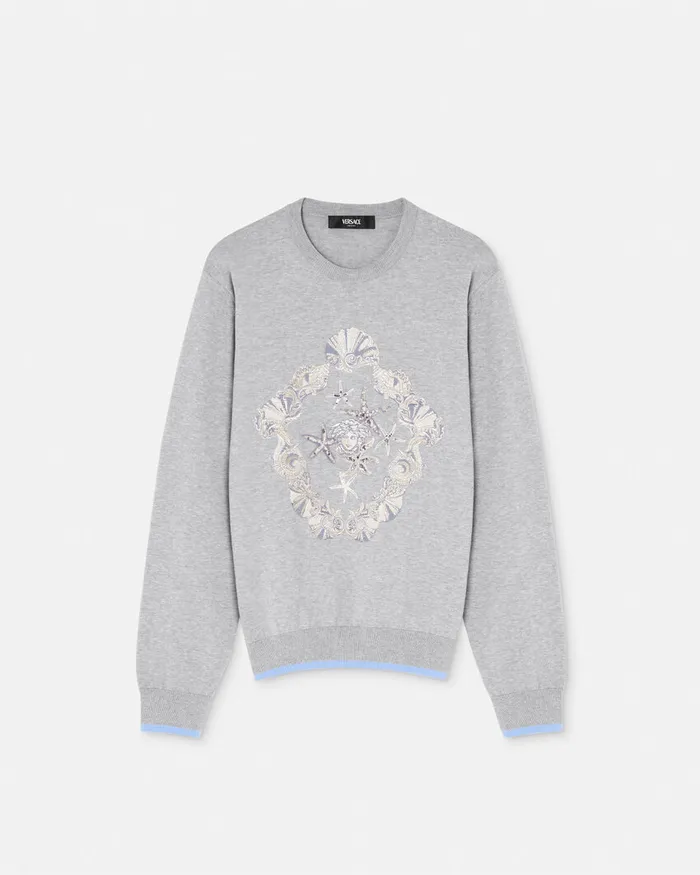Versace Embroidered Shell Blasone Sweater Gray Men Knitwear