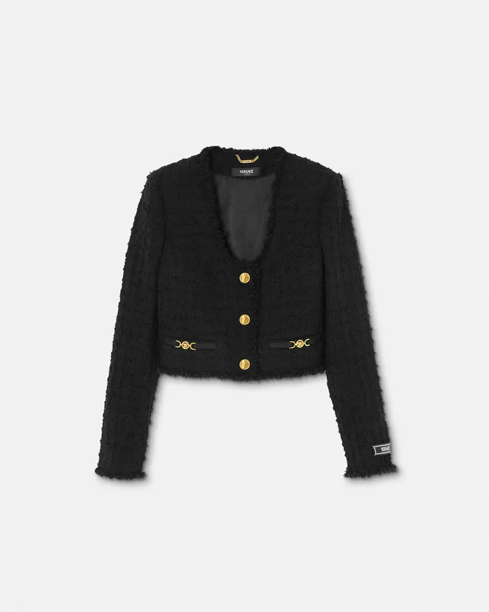 Versace Heritage Tweed Crop Cardigan Jacket Black Women Blazer and Jackets