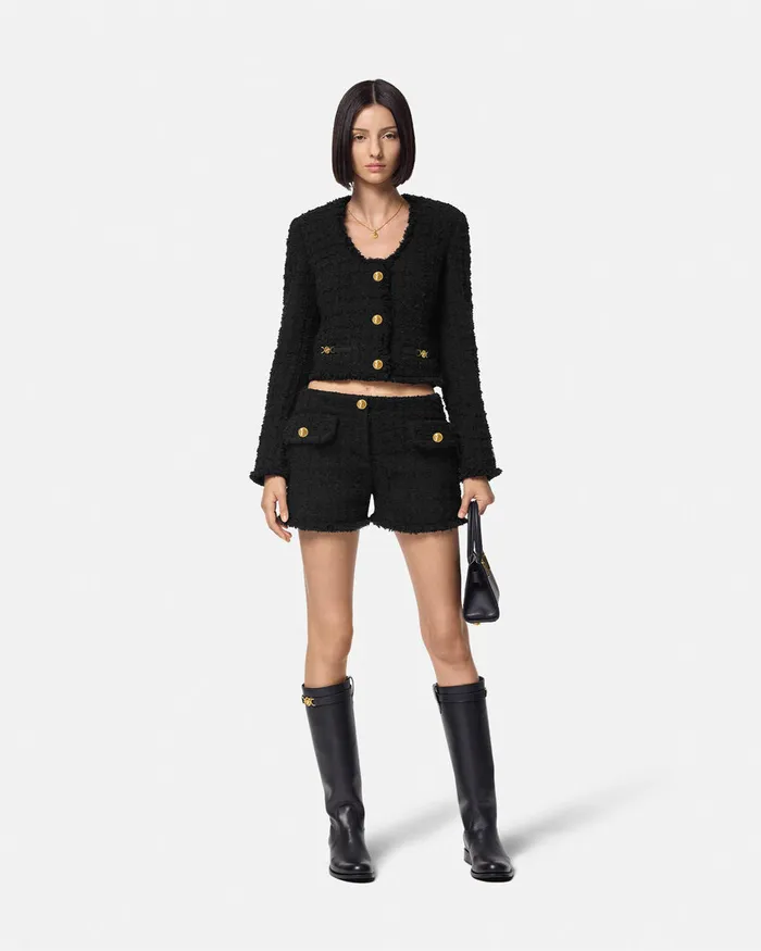 Versace Heritage Tweed Crop Cardigan Jacket Black Women Blazer and Jackets