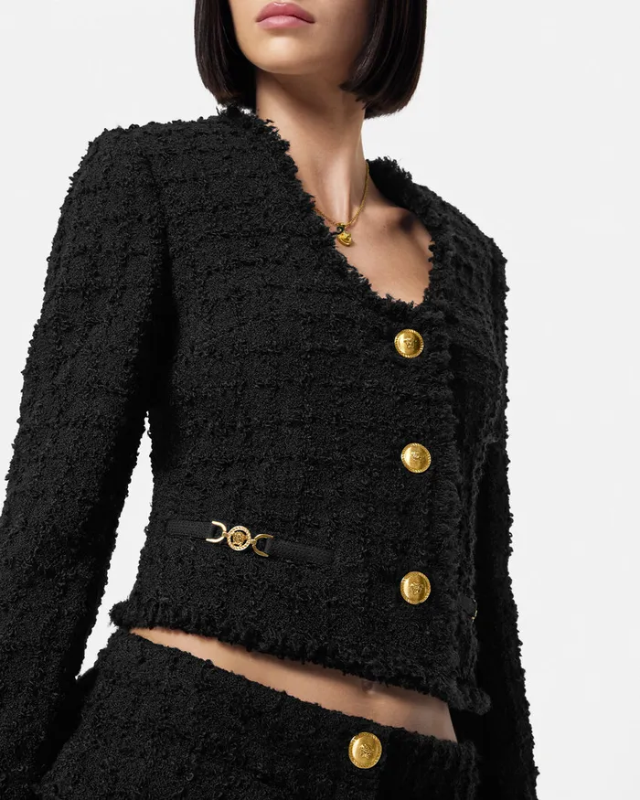 Versace Heritage Tweed Crop Cardigan Jacket Black Women Blazer and Jackets