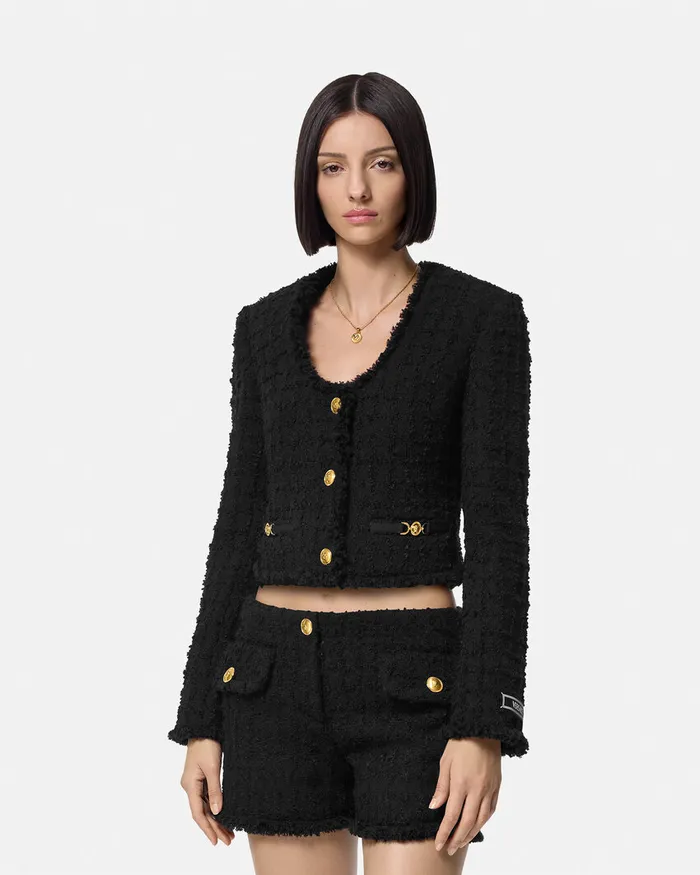 Versace Heritage Tweed Crop Cardigan Jacket Black Women Blazer and Jackets