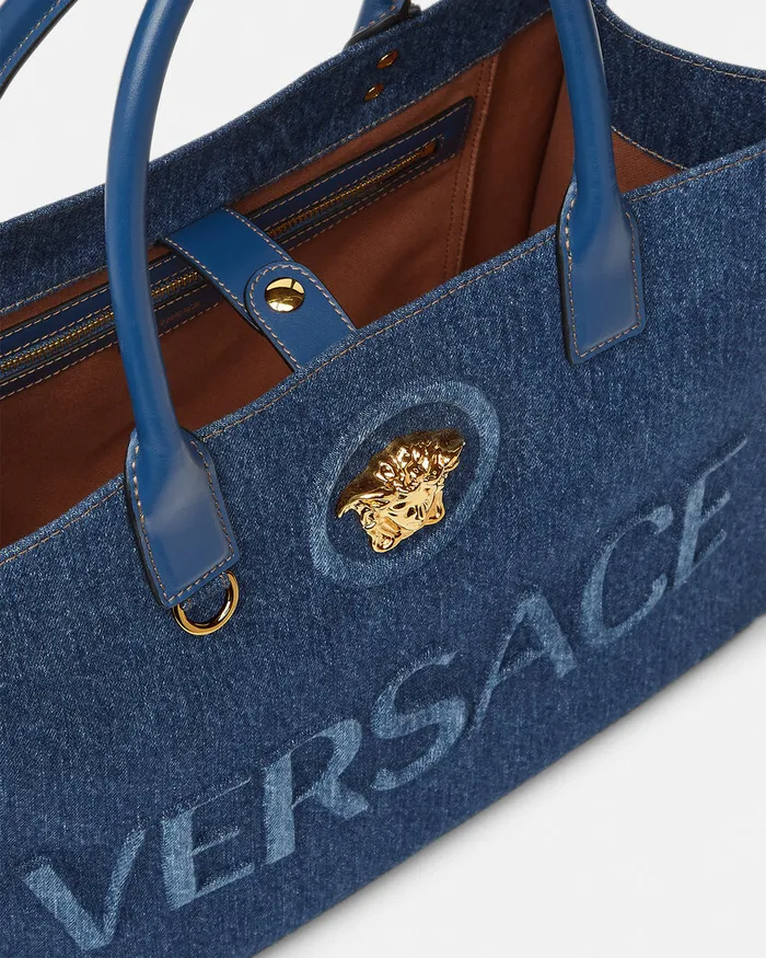 Versace La Medusa Denim Large Tote Bag Blue Women Totes