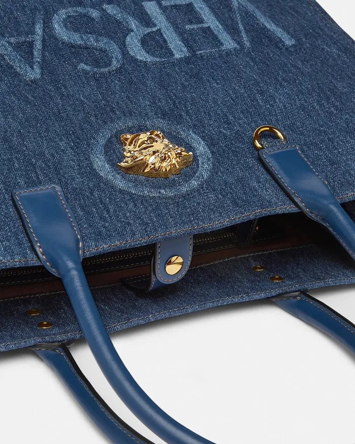 Versace La Medusa Denim Large Tote Bag Blue Women Totes