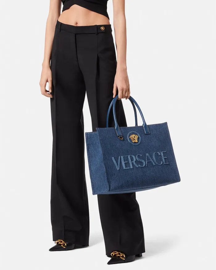 Versace La Medusa Denim Large Tote Bag Blue Women Totes