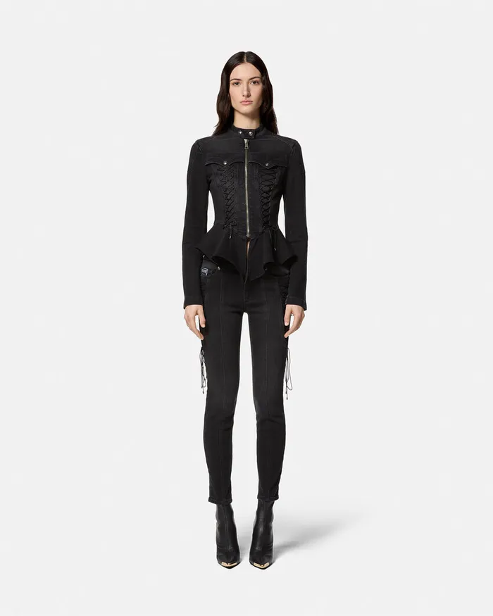 Versace LaceUp Denim Jacket Black Women Jeans Couture