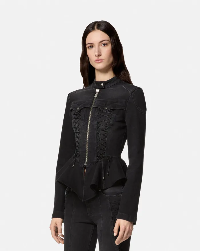 Versace LaceUp Denim Jacket Black Women Jeans Couture