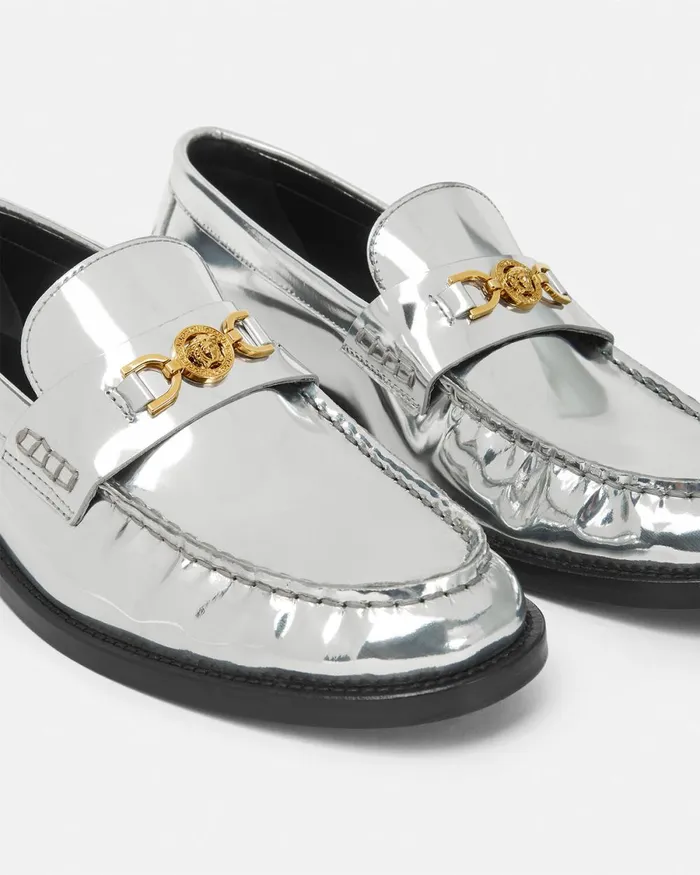Versace Medusa 03995 Metallic Loafers Silver Women Loafers and Flats