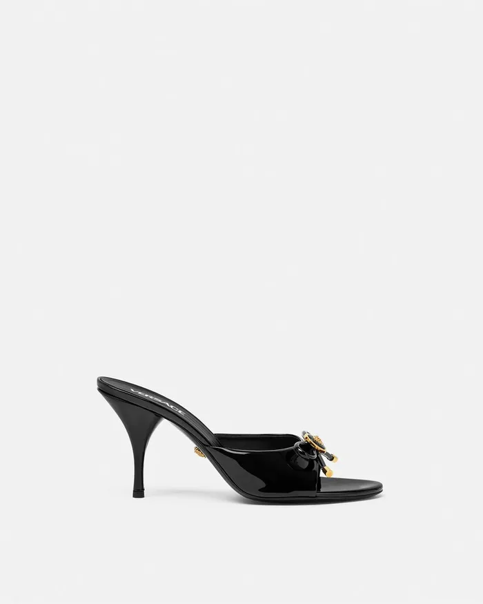 Versace Opera Bow Patent Mules 85 Mm Blackgold Women Sandals