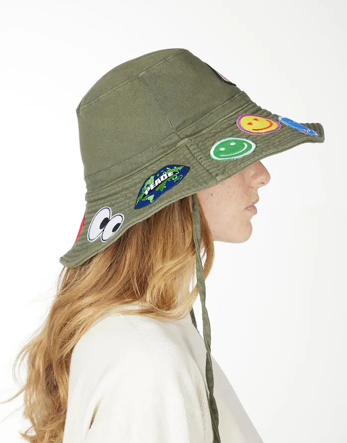 Women039s Adina Bucket Hat W Happy Hippie Patches Military Lauren Moshi Hats Women039s Adina Bucket Hat W Happy Hippie Patches Military Lauren Moshi Hats