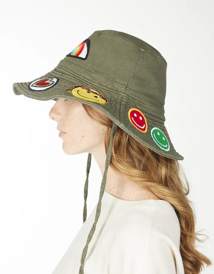 Women039s Adina Bucket Hat W Happy Hippie Patches Military Lauren Moshi Hats Women039s Adina Bucket Hat W Happy Hippie Patches Military Lauren Moshi Hats