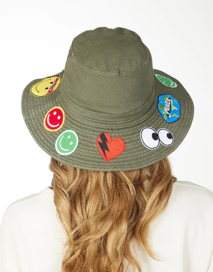 Women039s Adina Bucket Hat W Happy Hippie Patches Military Lauren Moshi Hats Women039s Adina Bucket Hat W Happy Hippie Patches Military Lauren Moshi Hats