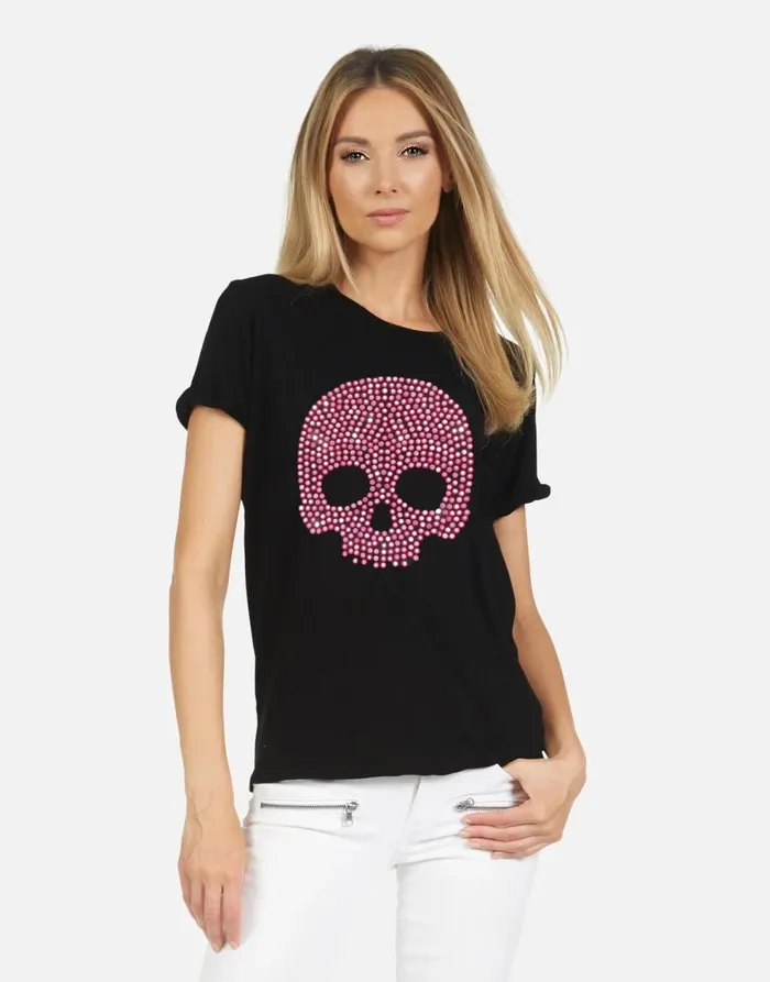 Women039s Edda X Pink Stud Skull Black Lauren Moshi Short Sleeve