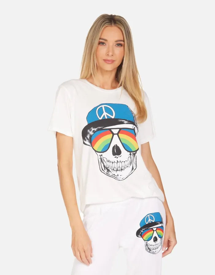 Women039s Wolf Rainbow Peace Skull Milk Lauren Moshi Short Sleeve
