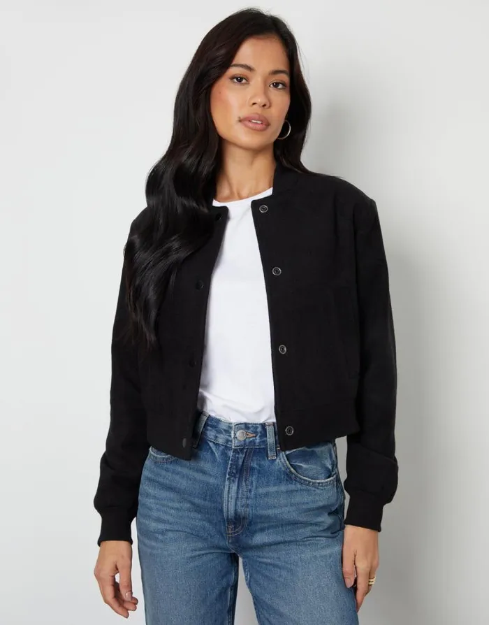 Women Black Brushed Cropped Bomber Jacket Threadbare Jackets
