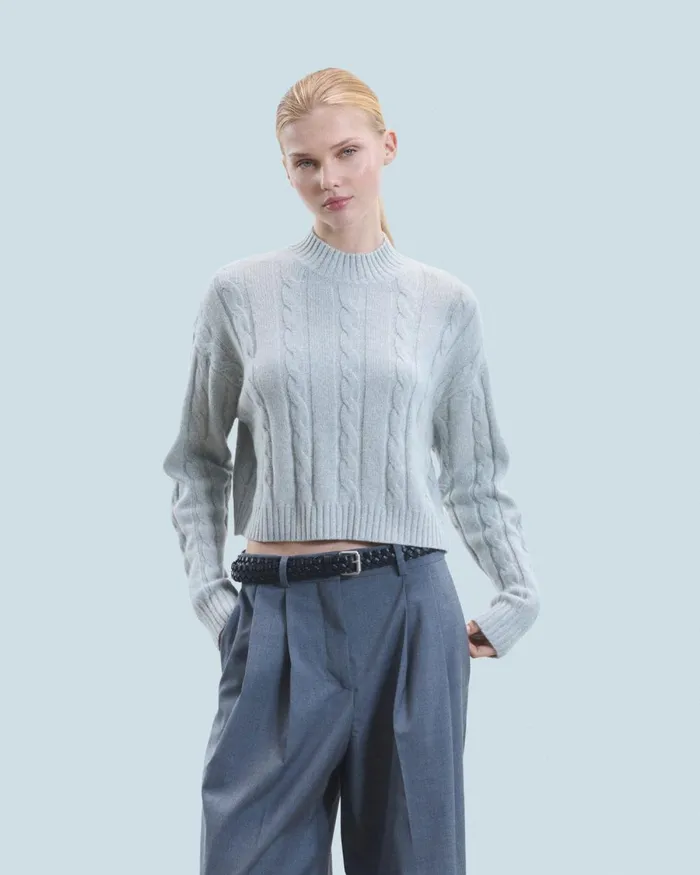 Women Cashmere Sweaters From Future Short Mock Neck Cable Knit Sweater Gray Stone