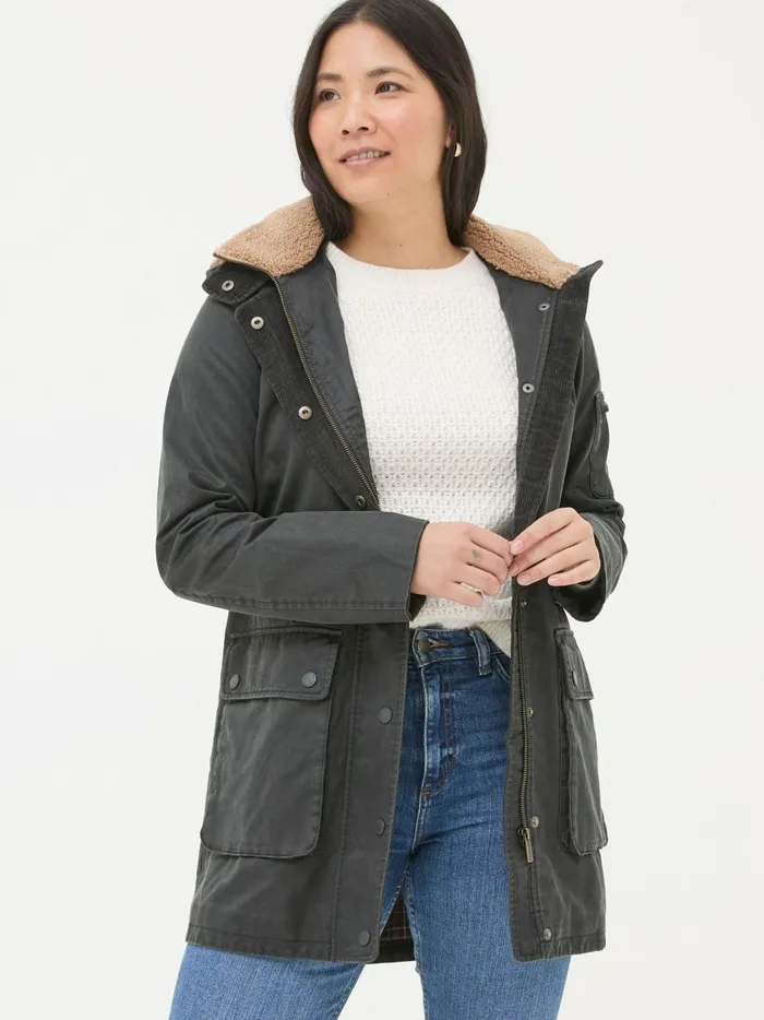 Women Coats and Jackets Fat Face Cheshire Washed Black Longline Coat