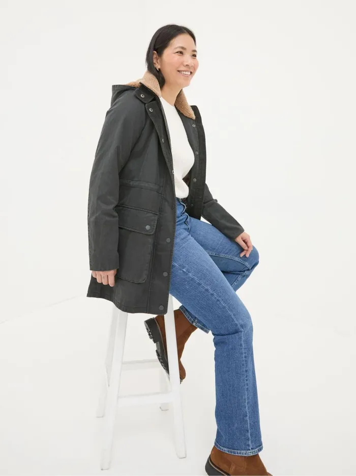 Women Coats and Jackets Fat Face Cheshire Washed Black Longline Coat