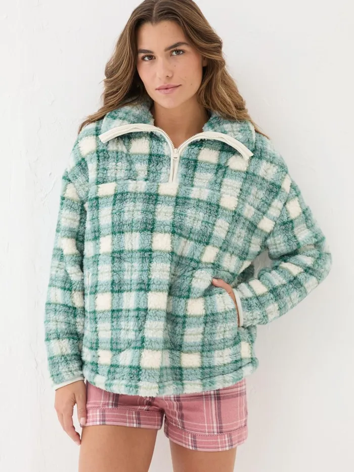 Women Coats and Jackets Fat Face Green Check Borg Half Zip Fleece