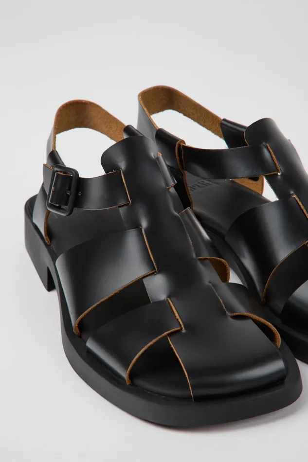 Women Dana Black Leather Sandals Camper Flat Shoes