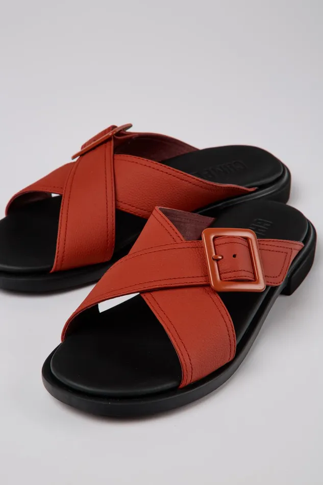 Women Edy Red Leather Sandals Camper Flat Shoes
