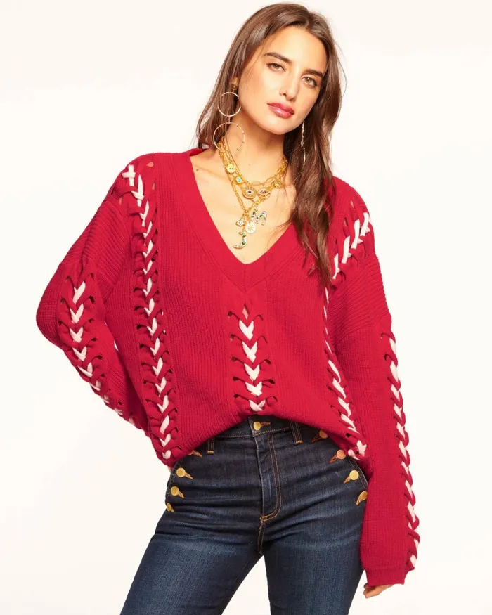 Women Esme VNeck Embellished Sweater Soiree Red Ramy Brook Tops Women Esme VNeck Embellished Sweater Soiree Red Ramy Brook Tops