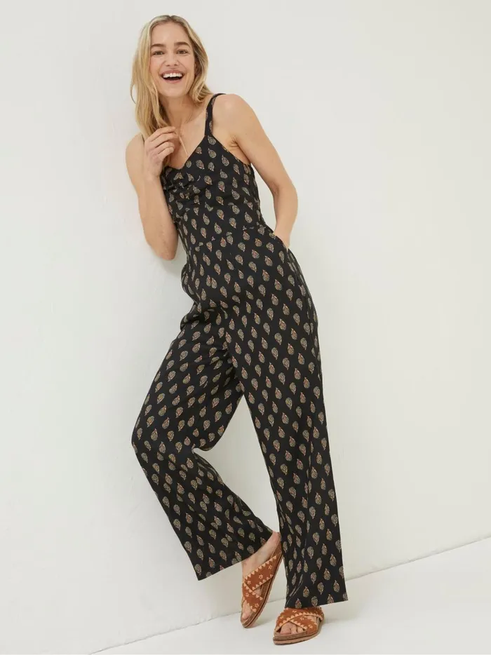 Women Jumpsuits and Playsuits Fat Face Black Linen Vic Woodblock Jumpsuit
