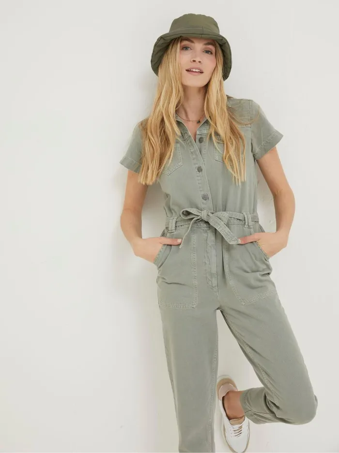 Women Jumpsuits and Playsuits Fat Face Green Imogen Short Sleeve Boilersuit