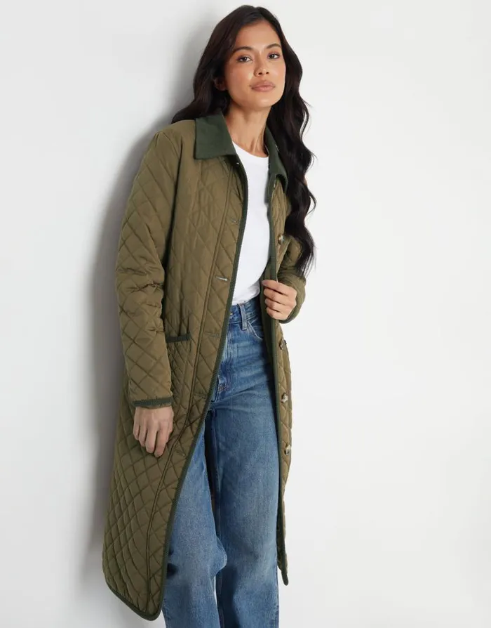 Women Khaki Button Up Collared Diamond Quilted Maxi Coat Threadbare Jackets Women Khaki Button Up Collared Diamond Quilted Maxi Coat Threadbare Jackets