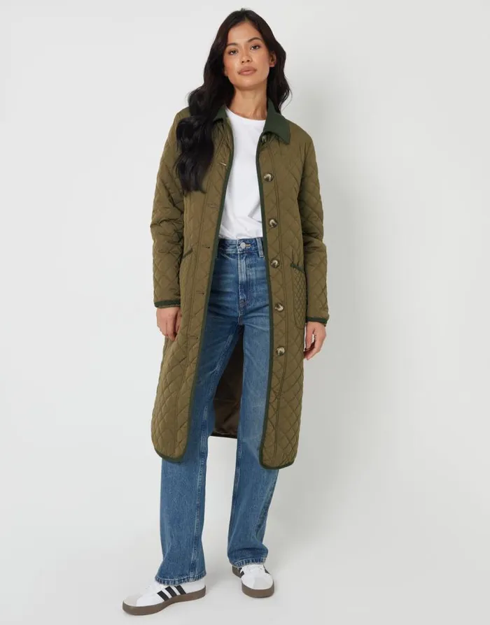 Women Khaki Button Up Collared Diamond Quilted Maxi Coat Threadbare Jackets Women Khaki Button Up Collared Diamond Quilted Maxi Coat Threadbare Jackets