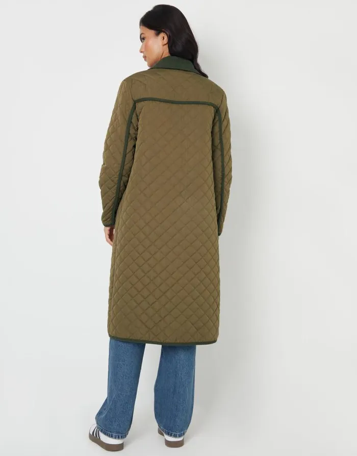 Women Khaki Button Up Collared Diamond Quilted Maxi Coat Threadbare Jackets Women Khaki Button Up Collared Diamond Quilted Maxi Coat Threadbare Jackets